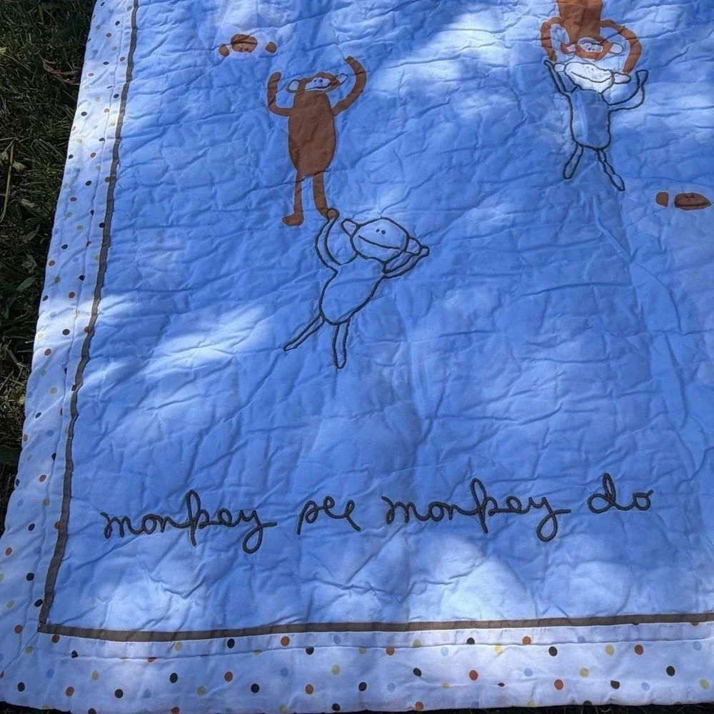 Pottery Barn Kids Monkey See Monkey Do Baby Quilt Blanket Blue Nursery Lovey